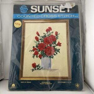 Vintage Sunset Vase of Roses 3015 Counted Cross Stitch Kit 11x14 Red Cotton USA
